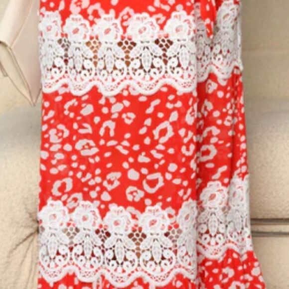 NEW! WOMEN'S BOHO ONE SHOULDER CROCHET RED ANIMAL PRINT MAXI DRESS - Picture 5 of 5